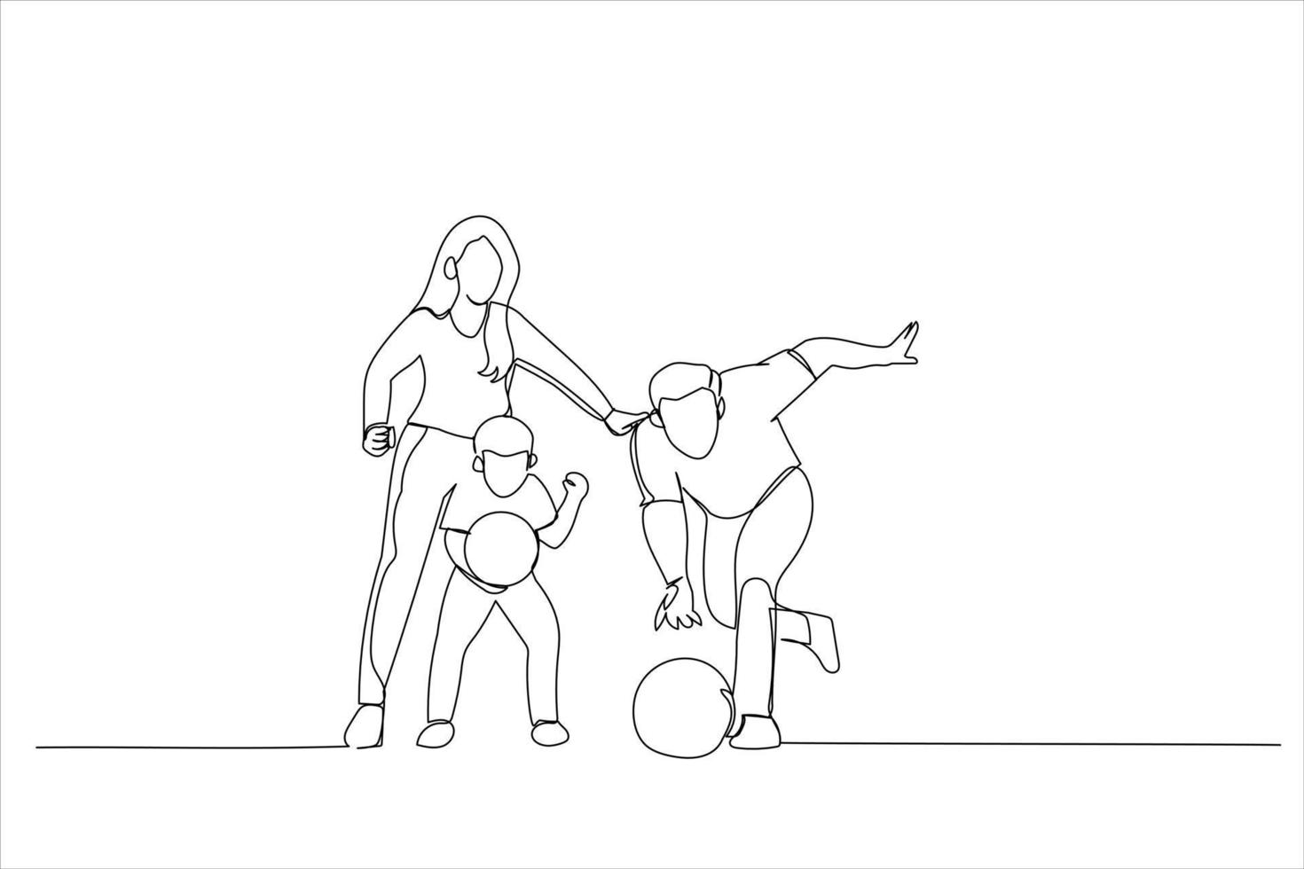 tekenfilm van familie uitgeven tijd samen in bowling club. doorlopend lijn kunst stijl vector