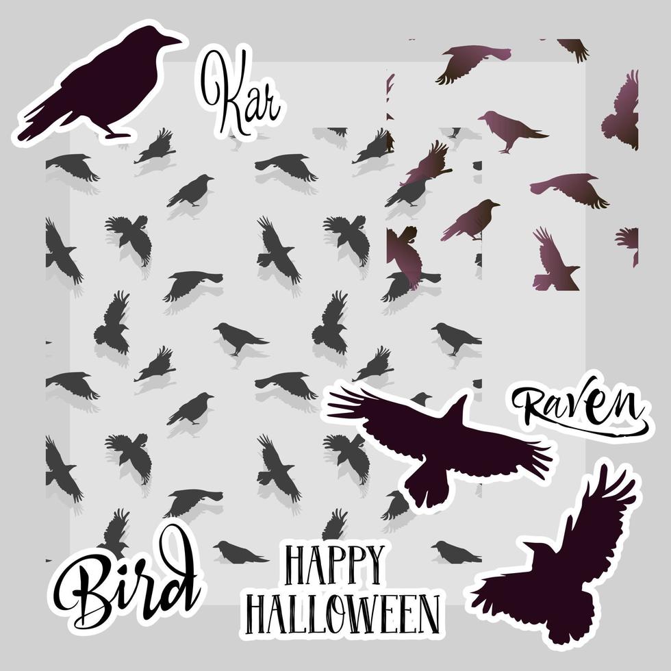 naadloos patroon met silhouetten van vliegend zwart vogels. twee patronen met vogels. kraaien met elementen en tekst. stickers tekst en vogels, patronen voor textiel, geschenk inpakken, ansichtkaarten. vector