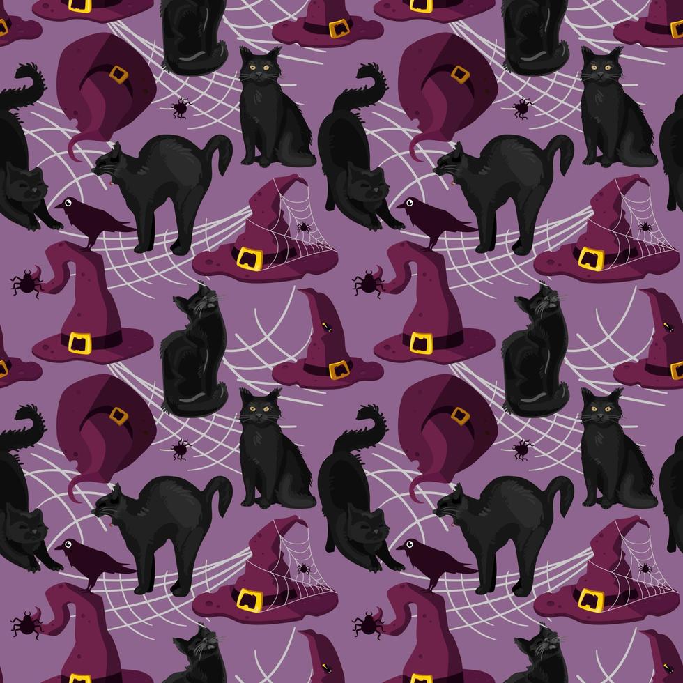 naadloos patroon zwart katten en hoeden in een web. Purper achtergrond voor halloween. omhulsel papier, modieus stoffen, afdrukken, patronen. vector