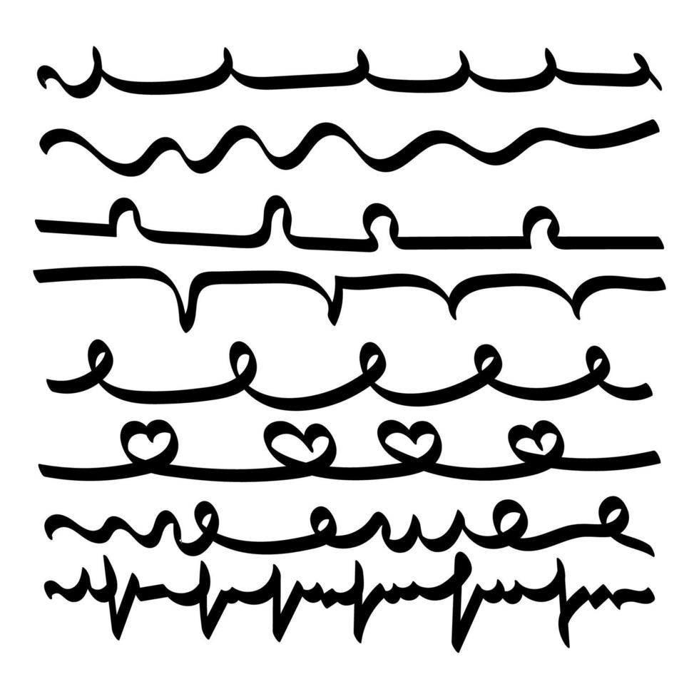 een reeks van krabbels, een kattebelletje voor onderstrepen. hand getekend swoosh wervelen, onderstreept kalligrafische element. bloemblaadjes, harten en vloeiende lijnen. vector illustratie