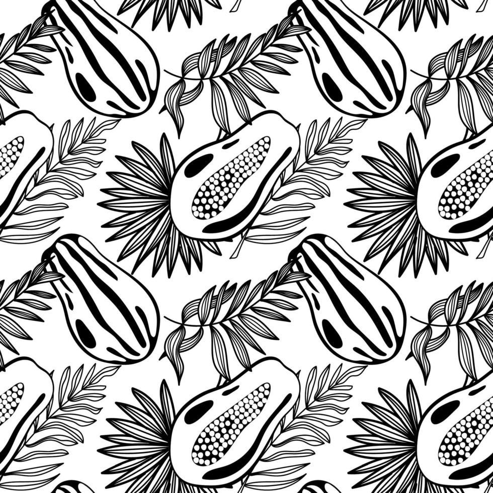 naadloos patroon van papaja en tropisch bladeren, hand getekend tekening elementen in een zwart en wit palet. geheel papaja en kern. palm bladeren. beeld van zomer fruit vector