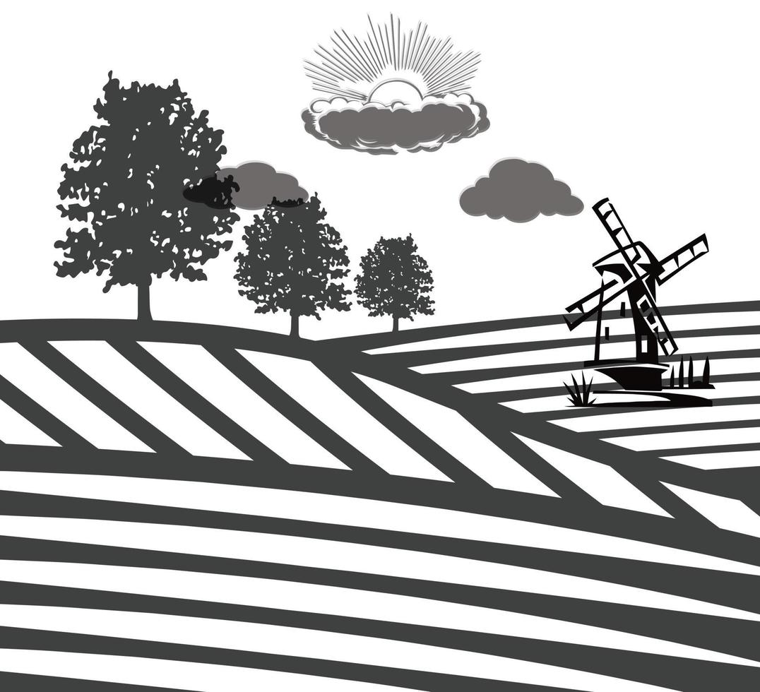 boerderij met windmolen wijnoogst monochroom illustratie vector