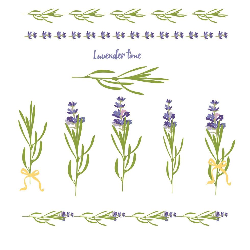 reeks paars lavendel mooi bloemen elementen in vlak waterverf stijl geïsoleerd Aan wit achtergrond voor decoratief ontwerp, bruiloft kaart, uitnodiging, reizen flayer botanisch illustratie. vector