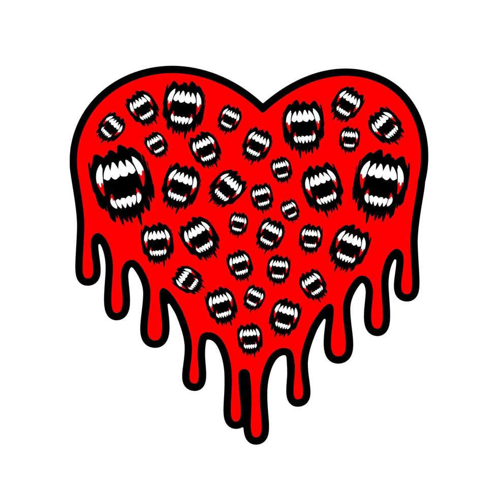 rood bloederig hart met vampier hoektanden tanden. halloween vector illustratie.