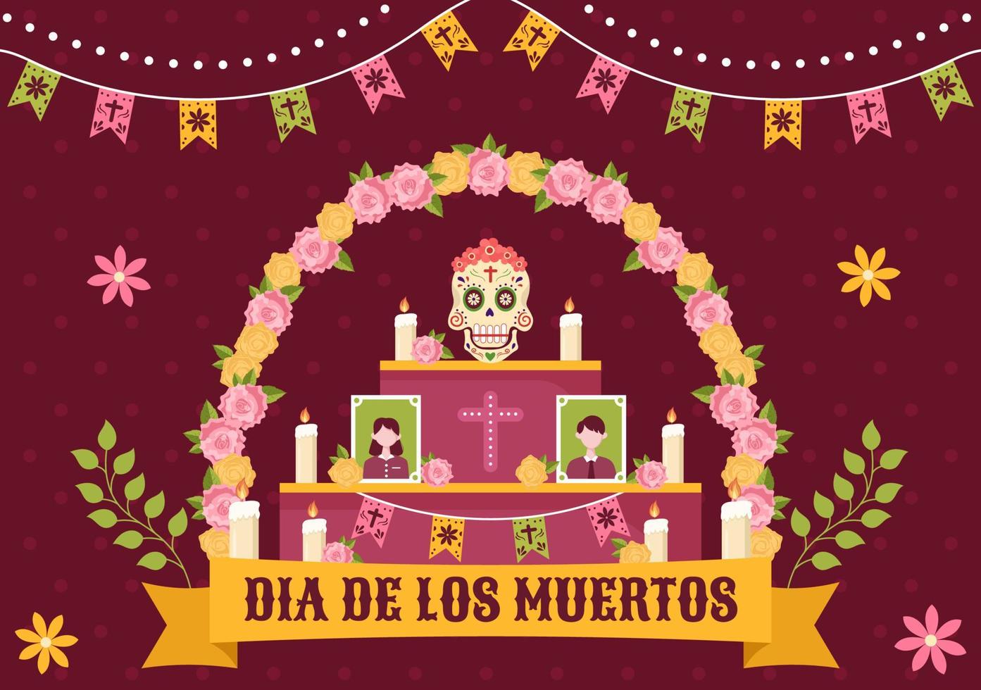 dia de los Muertos of dag van de dood sjabloon hand- getrokken tekenfilm vlak illustratie Mexicaans vakantie festival met tatoeëren schedels, maracas en sombrero vector