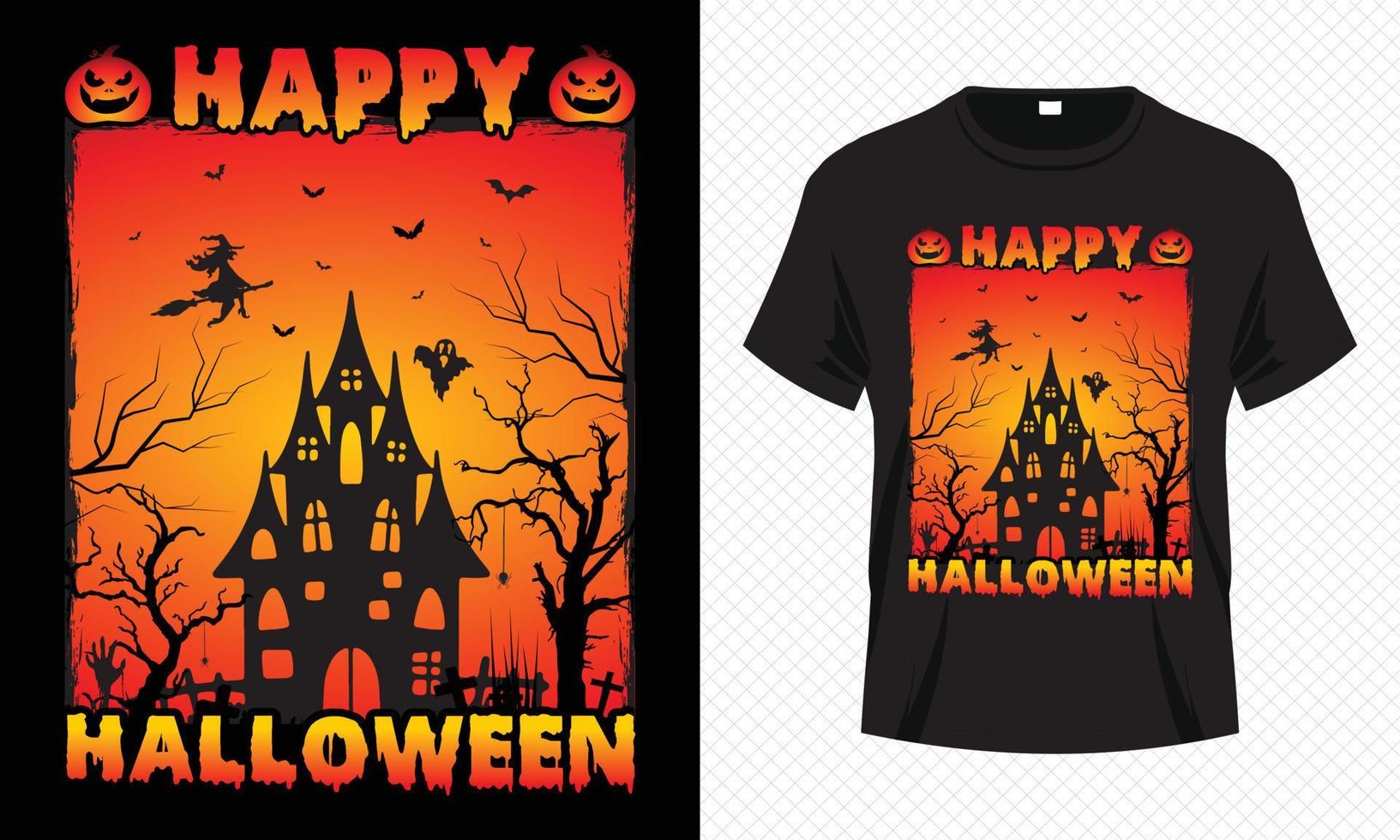 gelukkig halloween t-shirt ontwerp vector sjabloon. t-shirt ontwerp voor halloween dag. afdrukbare halloween vector ontwerp van knuppel, heks en eng nacht.