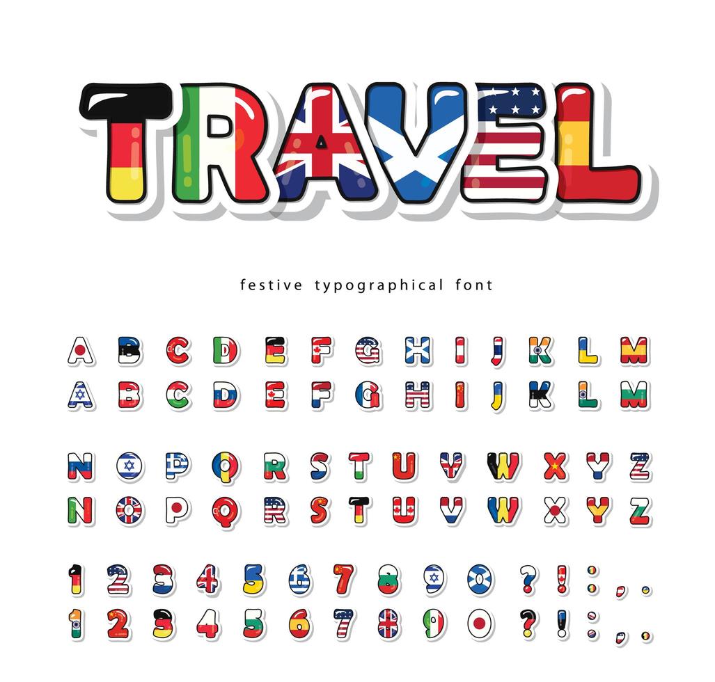 wereld vlaggen cartoon lettertype vector