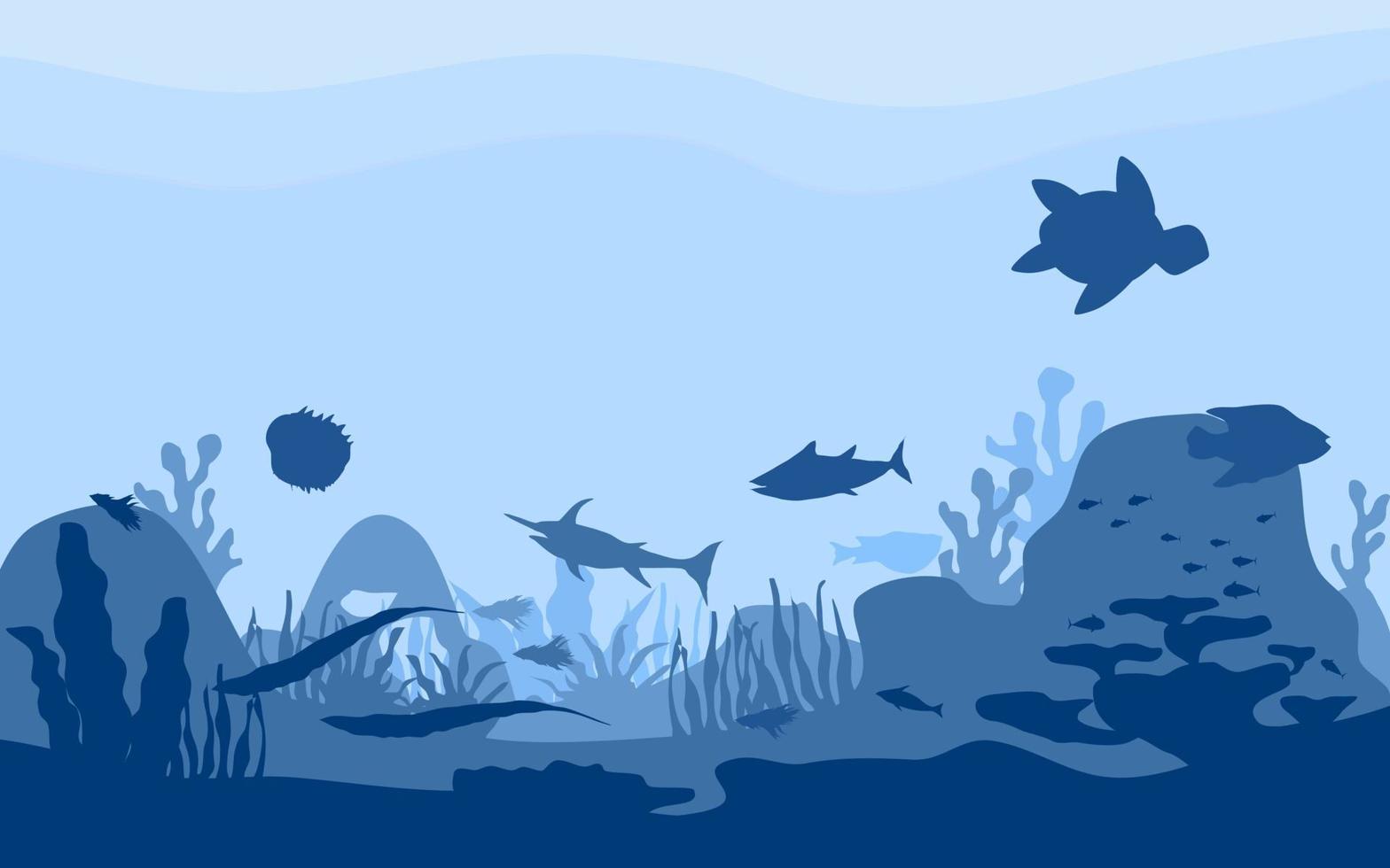 onderwater- leven illustratie. onderzees wereld met oceaan dieren en koraal riffen silhouet achtergrond vector