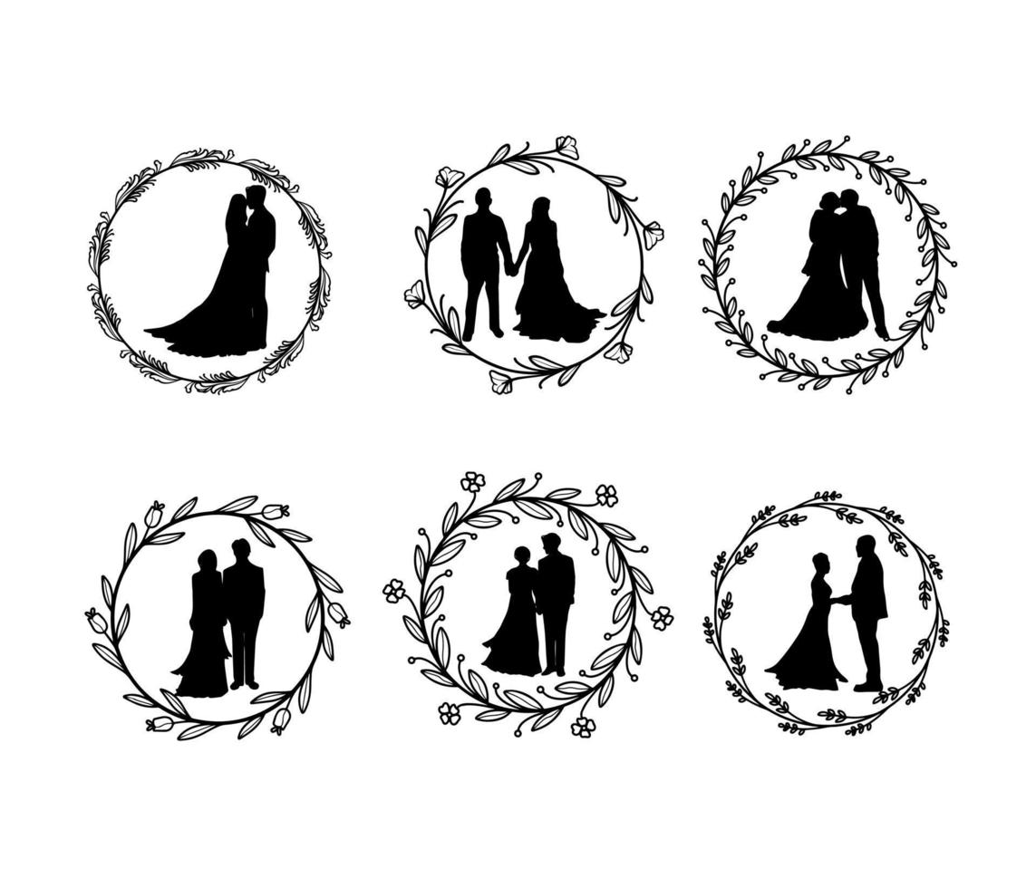 silhouet bruiloft paar in kader cirkel bloemen element verzameling vector
