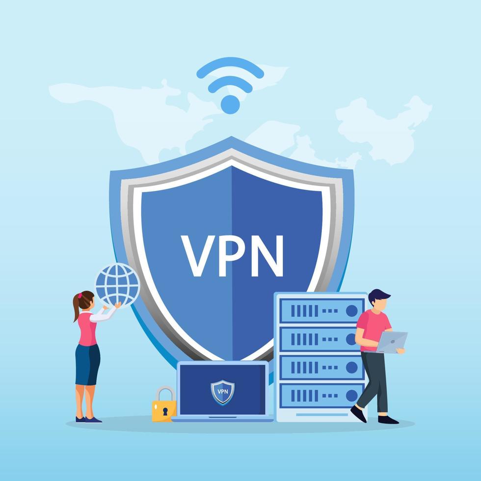 vpn technologie systeem, virtueel privaat netwerk. browser deblokkeren website, beveiligen netwerk verbinding en privacy bescherming. vector