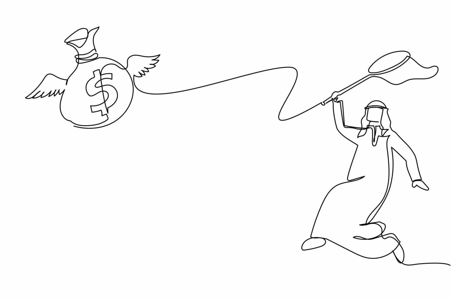 single een lijn tekening Arabisch zakenman proberen naar vangen vliegend geld zak met vlinder netto. vector