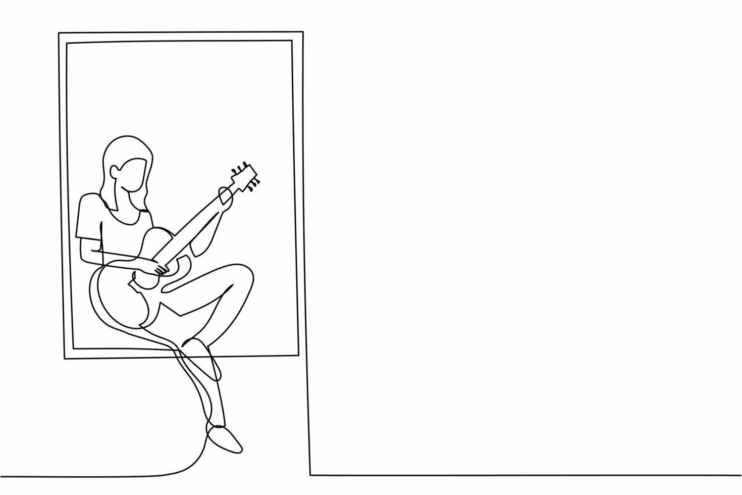 single doorlopend lijn tekening jong vrouw zittend Aan vensterbank en spelen akoestisch gitaar. rust uit, blijven Bij huis, melancholisch, ontspanning, comfort, romantisch. een lijn trek ontwerp vector illustratie