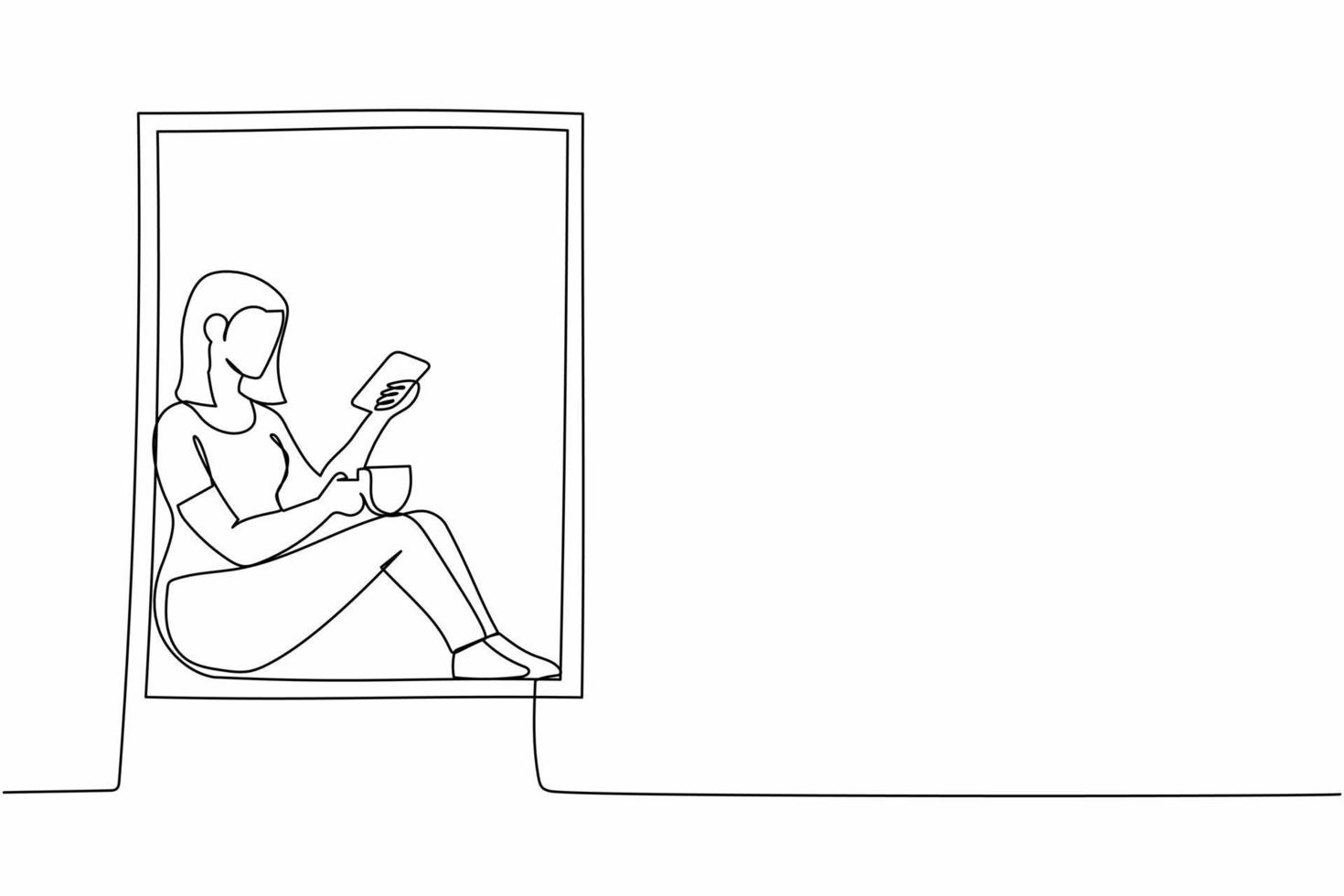 single een lijn tekening jong dame zittend Aan vensterbank met koffie en genieten van rust uit tijd met smartphone. vrouw ontspannende Bij huis met mobiel telefoon. doorlopend lijn trek ontwerp vector illustratie