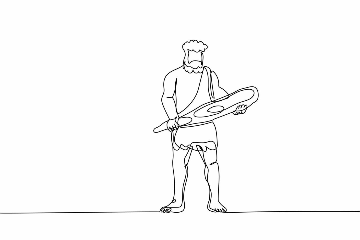 doorlopend een lijn tekening oude holbewoner Holding groot houten club of knuppel. prehistorisch gebaard Mens gekleed in dier vacht. neanderthaler jager. single lijn trek ontwerp vector grafisch illustratie