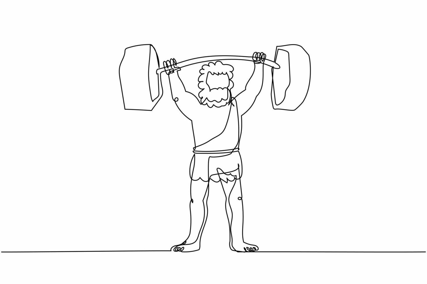 single doorlopend lijn tekening prehistorisch Mens hijs- barbell steen. gewichtheffer holbewoner van steen leeftijd. Mens houden fit door gewicht hijsen. dynamisch een lijn trek grafisch ontwerp vector illustratie