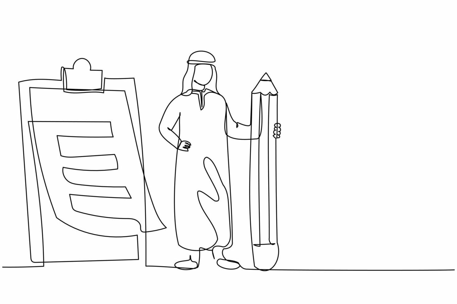 single doorlopend lijn tekening Arabisch zakenman Holding groot potlood op zoek Bij voltooid checklist Aan klembord. bedrijf succes voltooid plan concept. een lijn grafisch ontwerp vector illustratie