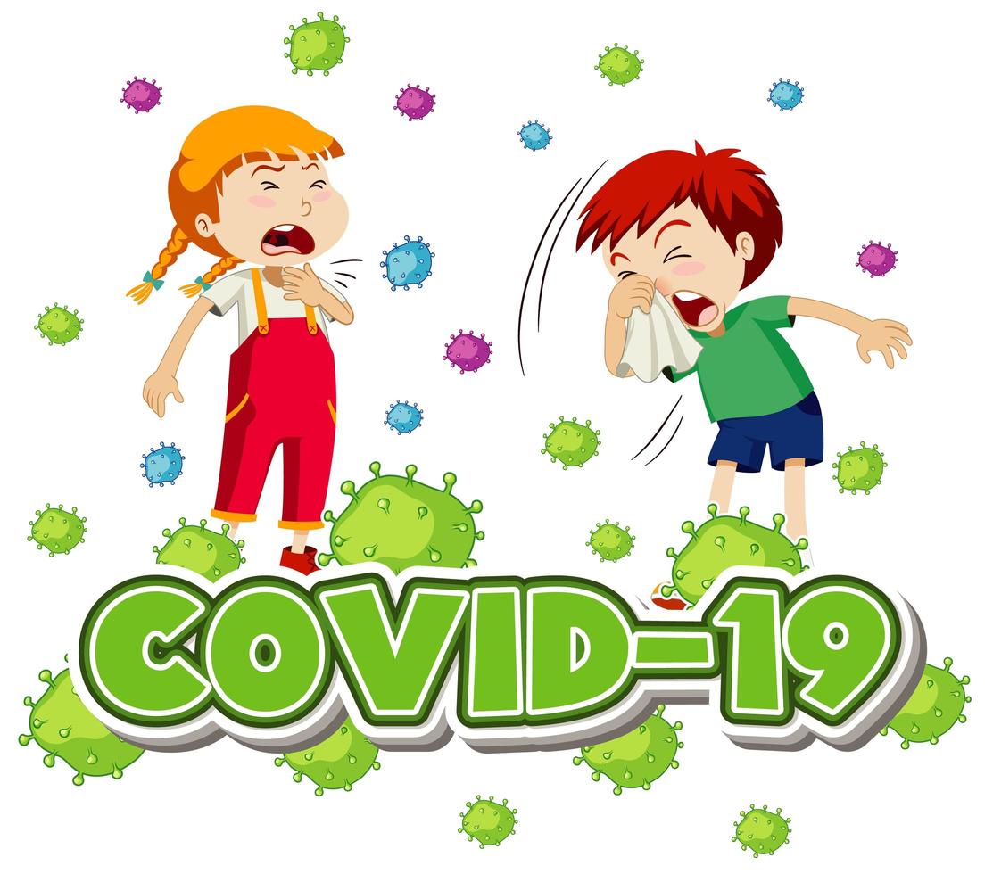 coronavirus poster met hoestende kinderen en covid-19 tekst vector