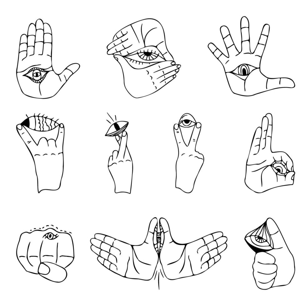 hand- en allemaal zien oog set, populair gebaren OK, super, vrede, vuist, palm met oog, vingers gekruist, mystiek occult esoterisch concept, vaag hand- getrokken vector illustratie