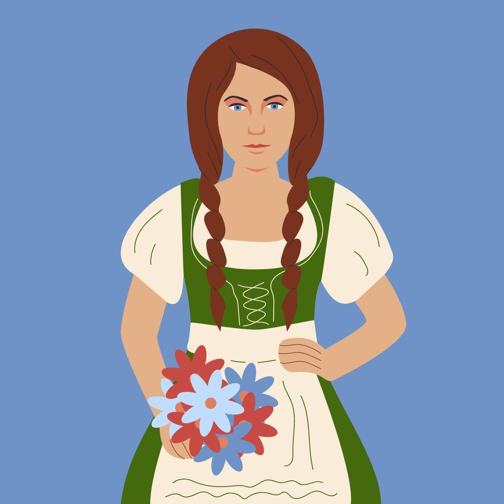 Duitsland vlak meisje met bloemen vervelend traditioneel groen kostuum vector illustratie
