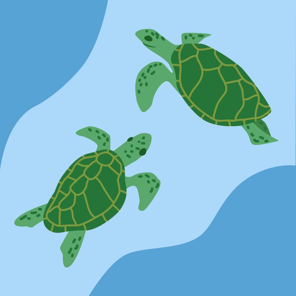 twee hand- getrokken zee schildpadden Aan abstract blauw golven achtergrond. opslaan wild oceaan leven poster, beschermen schildpadden van uitsterven. kinderen stijl vector illustratie