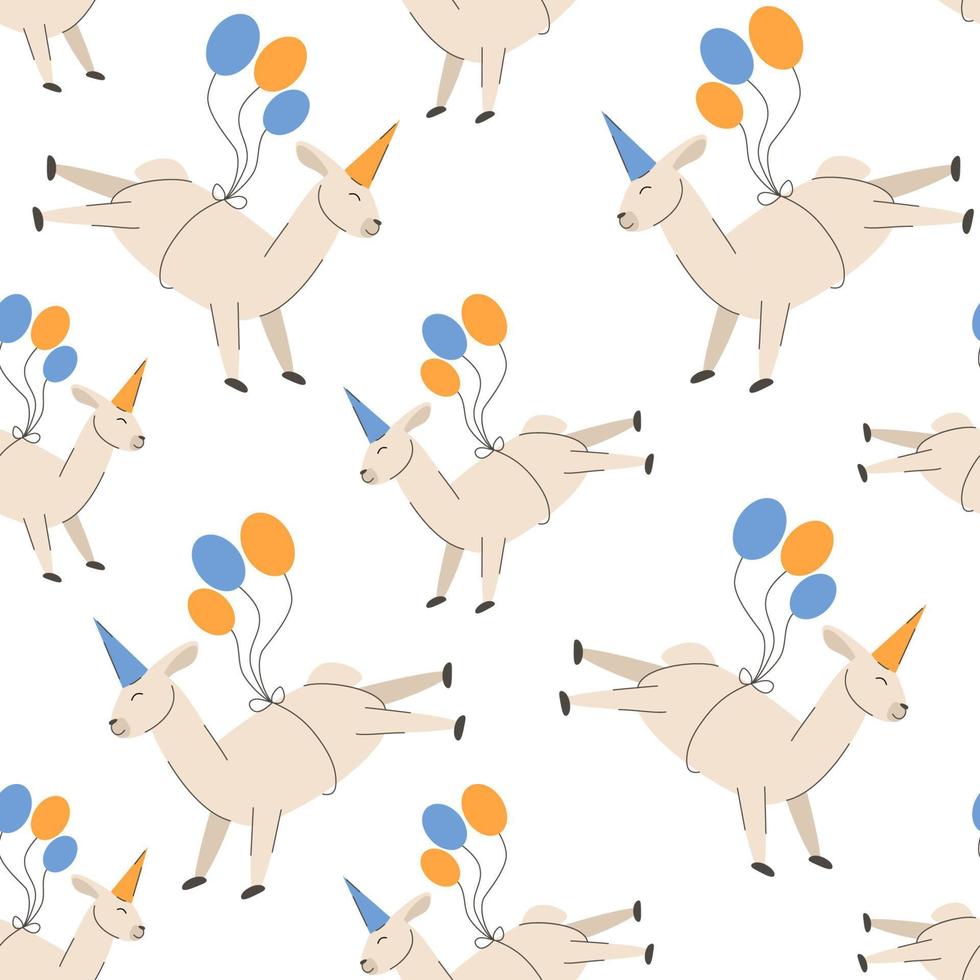 verjaardag partij lama in een pet vliegt Aan ballons naadloos patroon met grappig lama's alpaca's voor omslag, omhulsel papier, achtergrond vector illustratie