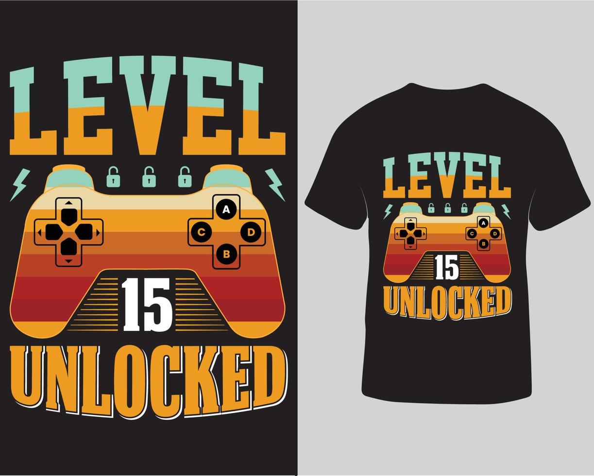 niveau 15 ontgrendeld gaming t-shirt ontwerp. t-shirt ontwerp voor gamer vrij downloaden vector