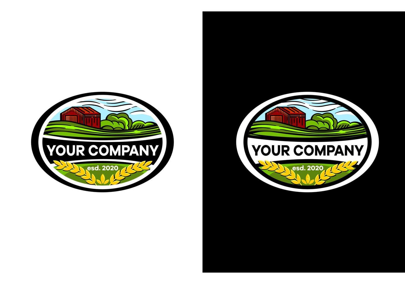 logo voor een dorp boerderij, ovaal vorm met de beeld van een boerderij en velden vector