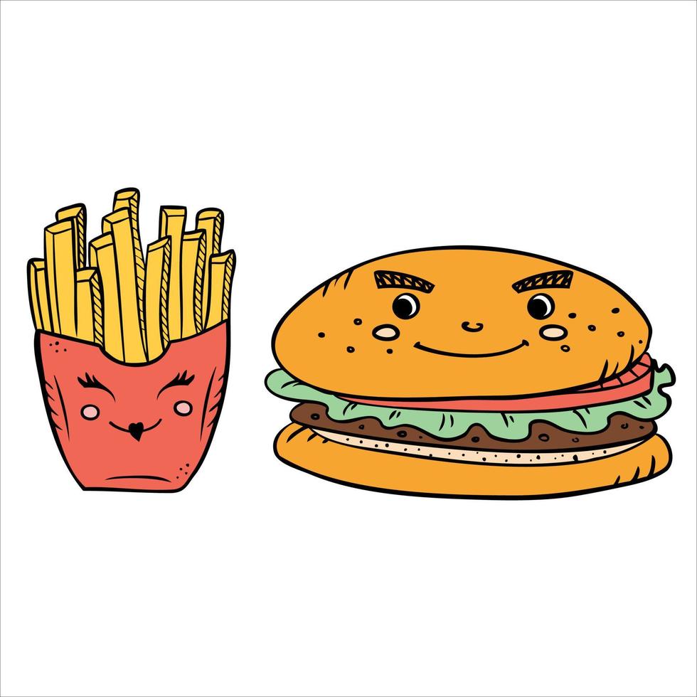 Valentijnsdag dag folder, ansichtkaart, sticker met schattig Frans Patat hamburger. vector illustraties van paar voor Valentijn kaarten over liefde.