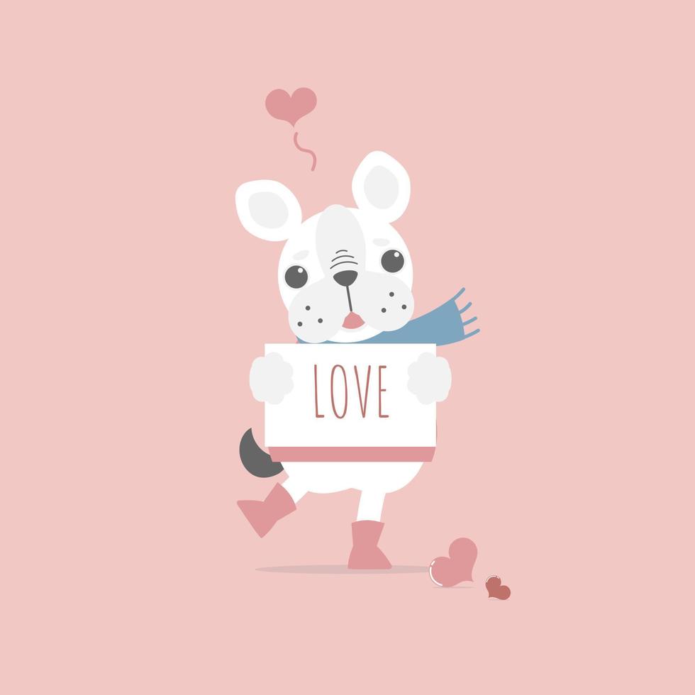 schattig en lief hand- getrokken schattig Frans bulldog mopshond Holding papier, gelukkig Valentijnsdag dag, liefde concept, vlak vector illustratie tekenfilm karakter kostuum ontwerp