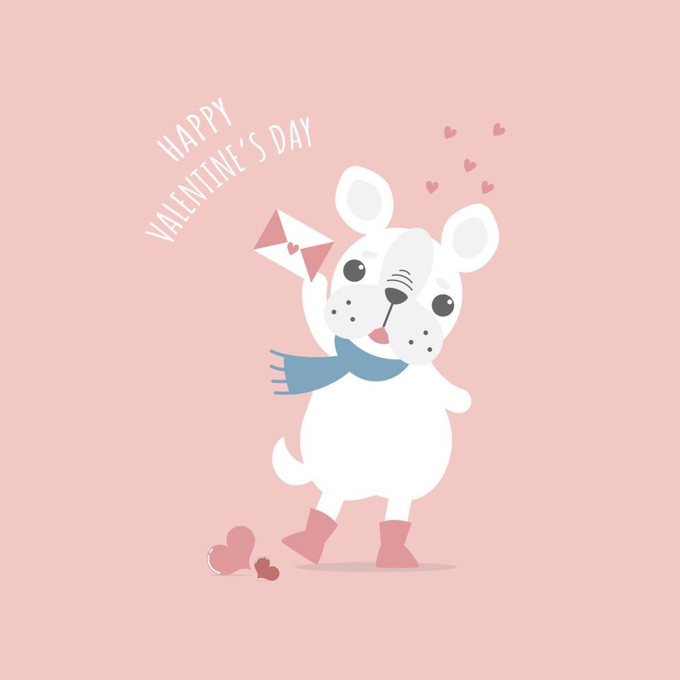 schattig en lief hand- getrokken schattig Frans bulldog mopshond Holding liefde brief, gelukkig Valentijnsdag dag, liefde concept, vlak vector illustratie tekenfilm karakter kostuum ontwerp