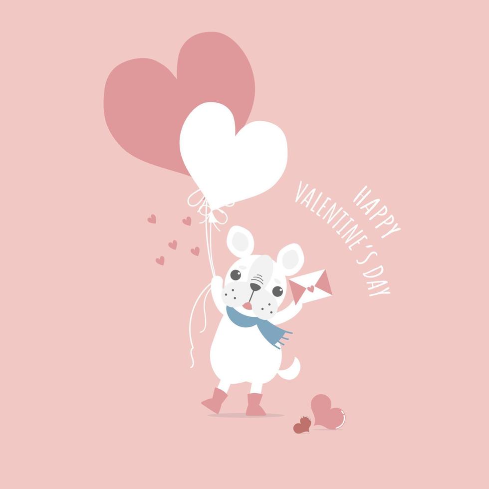 schattig en lief hand- getrokken schattig Frans bulldog mopshond Holding hart ballon en liefde brief, gelukkig Valentijnsdag dag, liefde concept, vlak vector illustratie tekenfilm karakter kostuum ontwerp