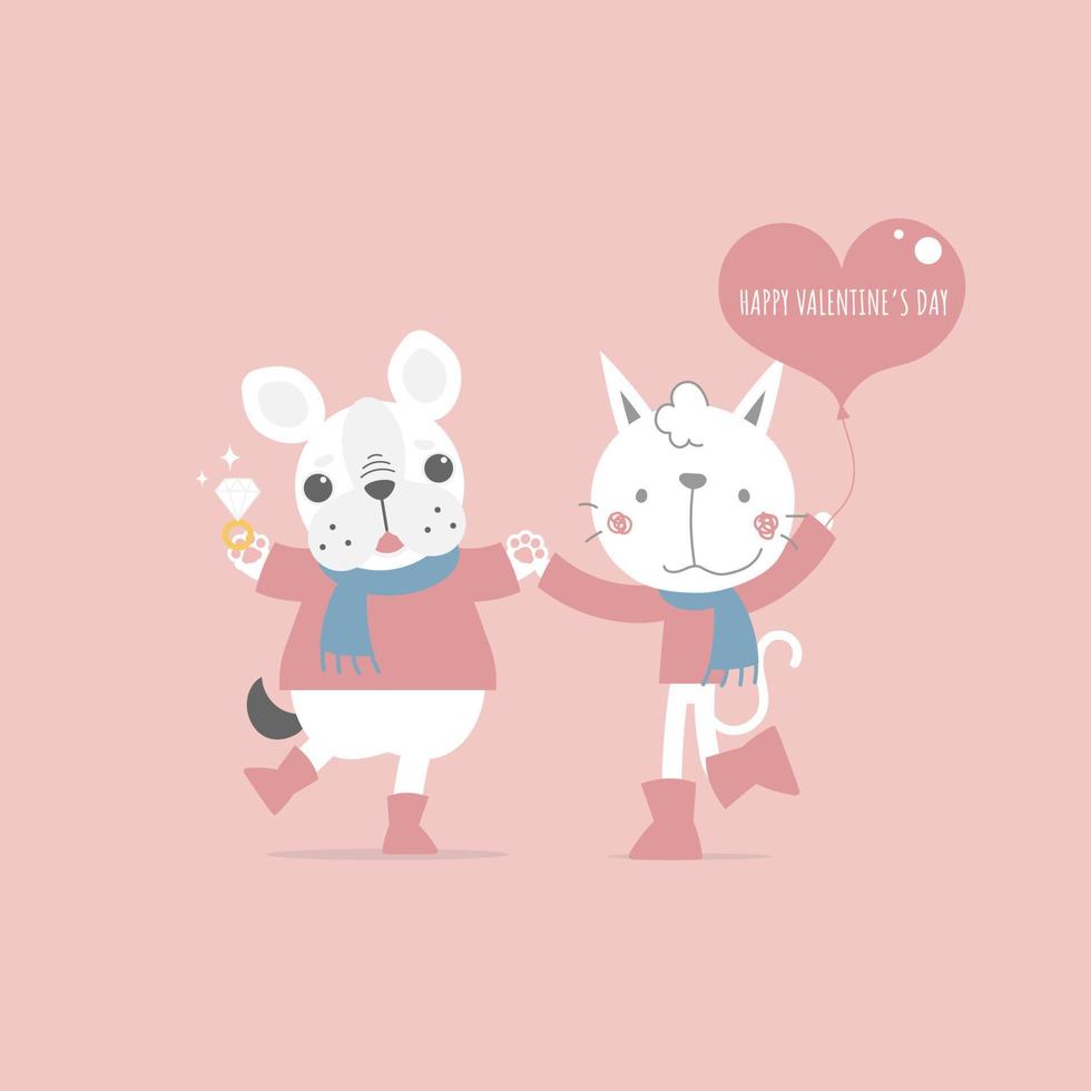 schattig en lief hand- getrokken schattig Frans bulldog Holding diamant ring en kat Holding hart ballon, gelukkig Valentijnsdag dag, liefde concept, vlak vector illustratie tekenfilm karakter kostuum ontwerp