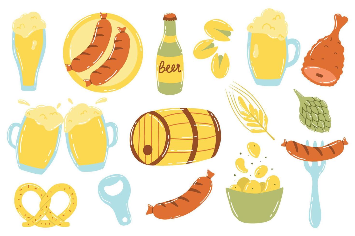 bier set. oktoberfeest verzameling. getrokken stijl. vector illustratie. bier, bier snacks. hop en tarwe.