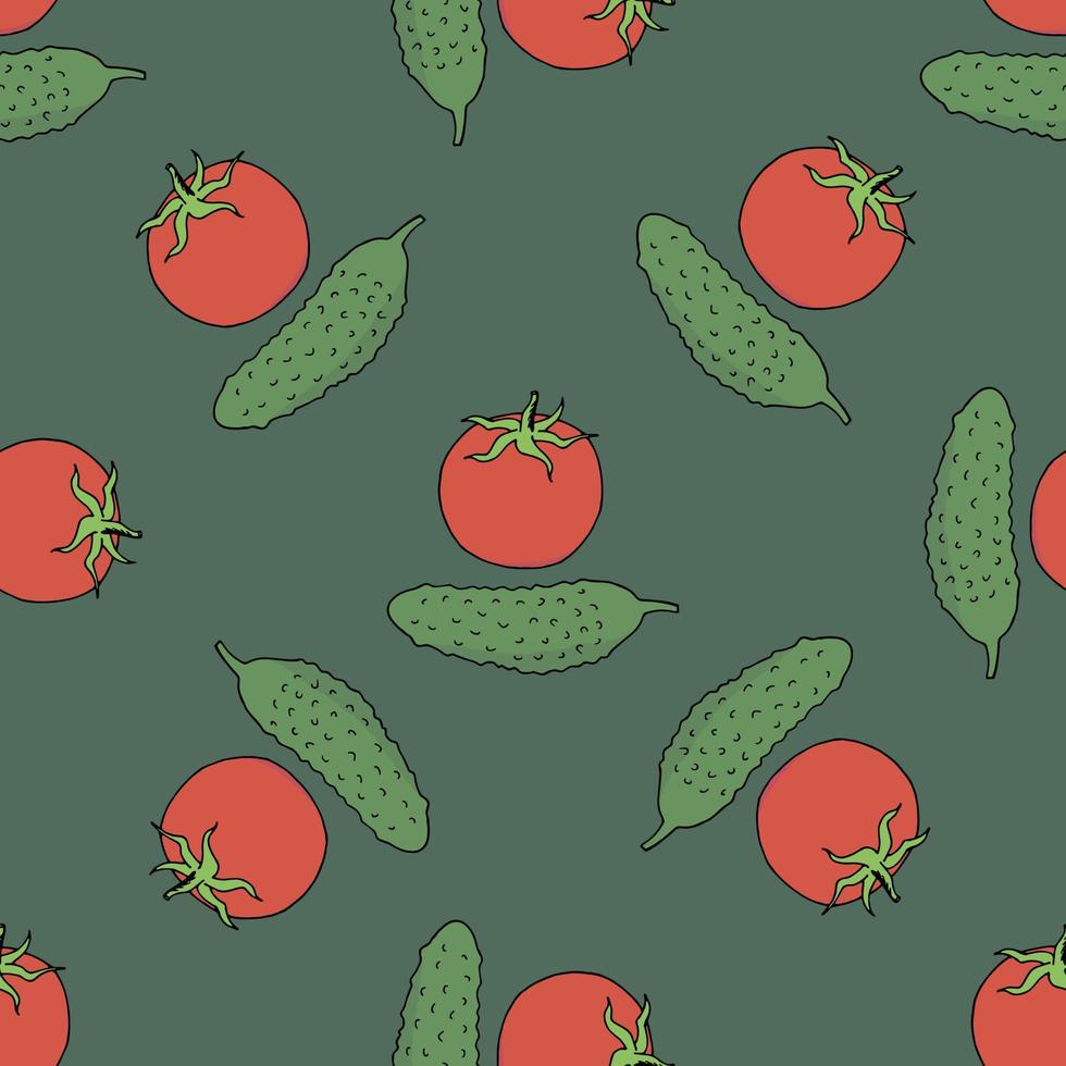 naadloos patroon met gekleurde tomaten en komkommers Aan donker groen achtergrond. eindeloos achtergrond voor uw ontwerp. vector afbeelding.