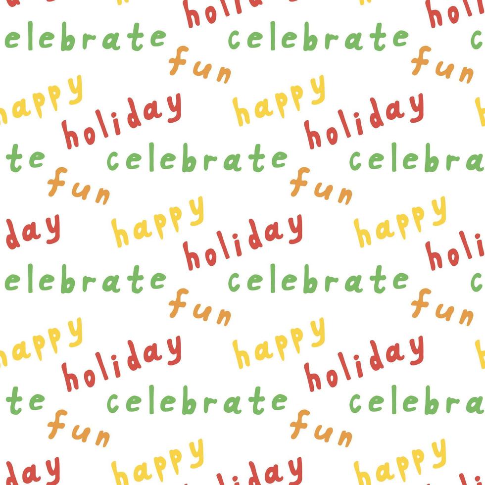 naadloos patroon met veelkleurig woorden vakantie, vieren, pret en gelukkig Aan wit achtergrond. vector afbeelding.