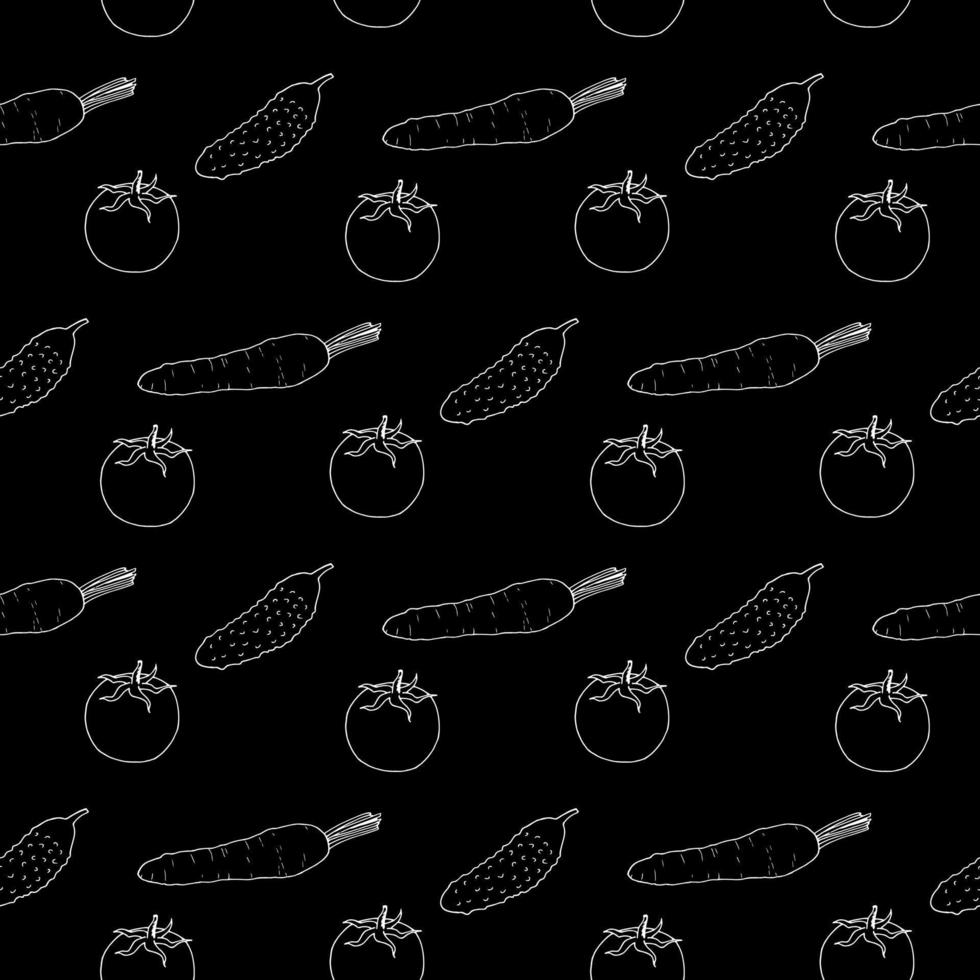 naadloos patroon met Super goed wortels, komkommers en tomaat Aan zwart achtergrond. vector afbeelding.