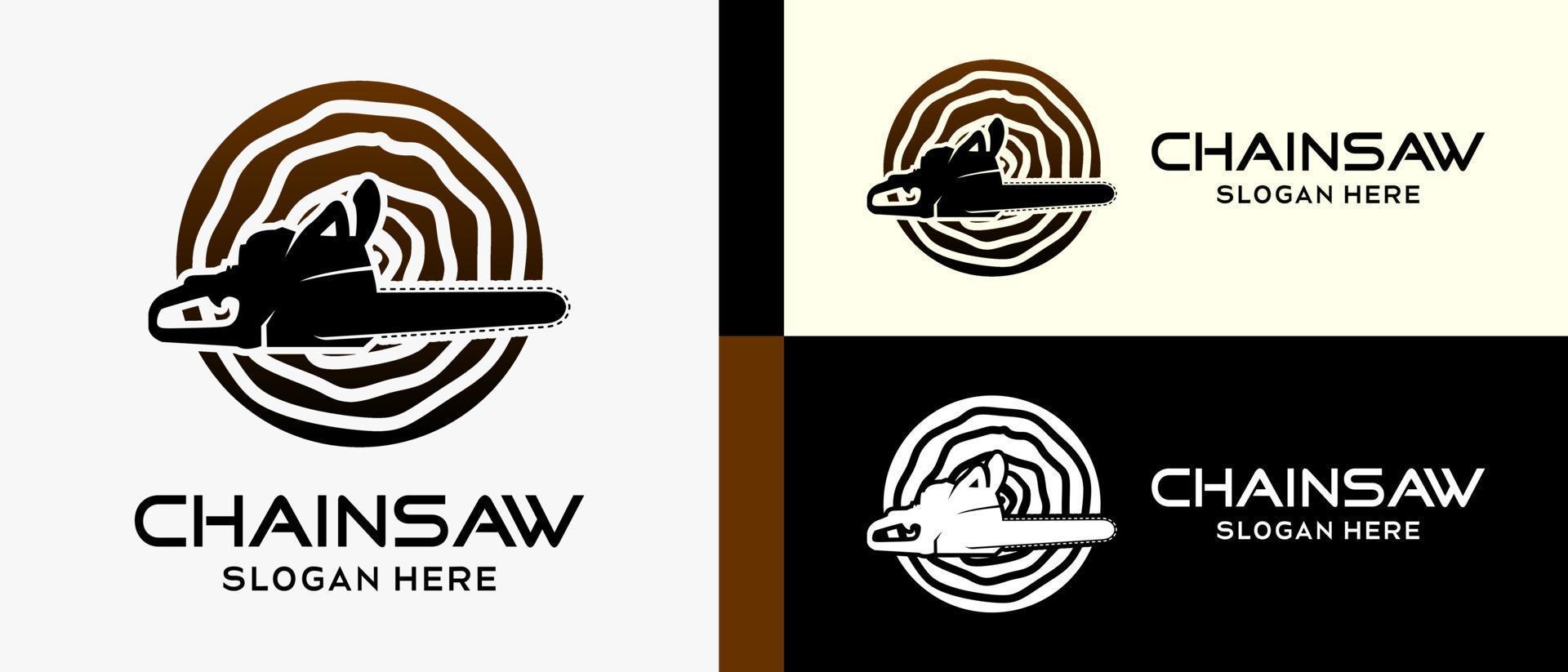 kettingzaag logo ontwerp sjabloon in silhouet met creatief concept geïsoleerd in hout motief. premie vector logo illustratie