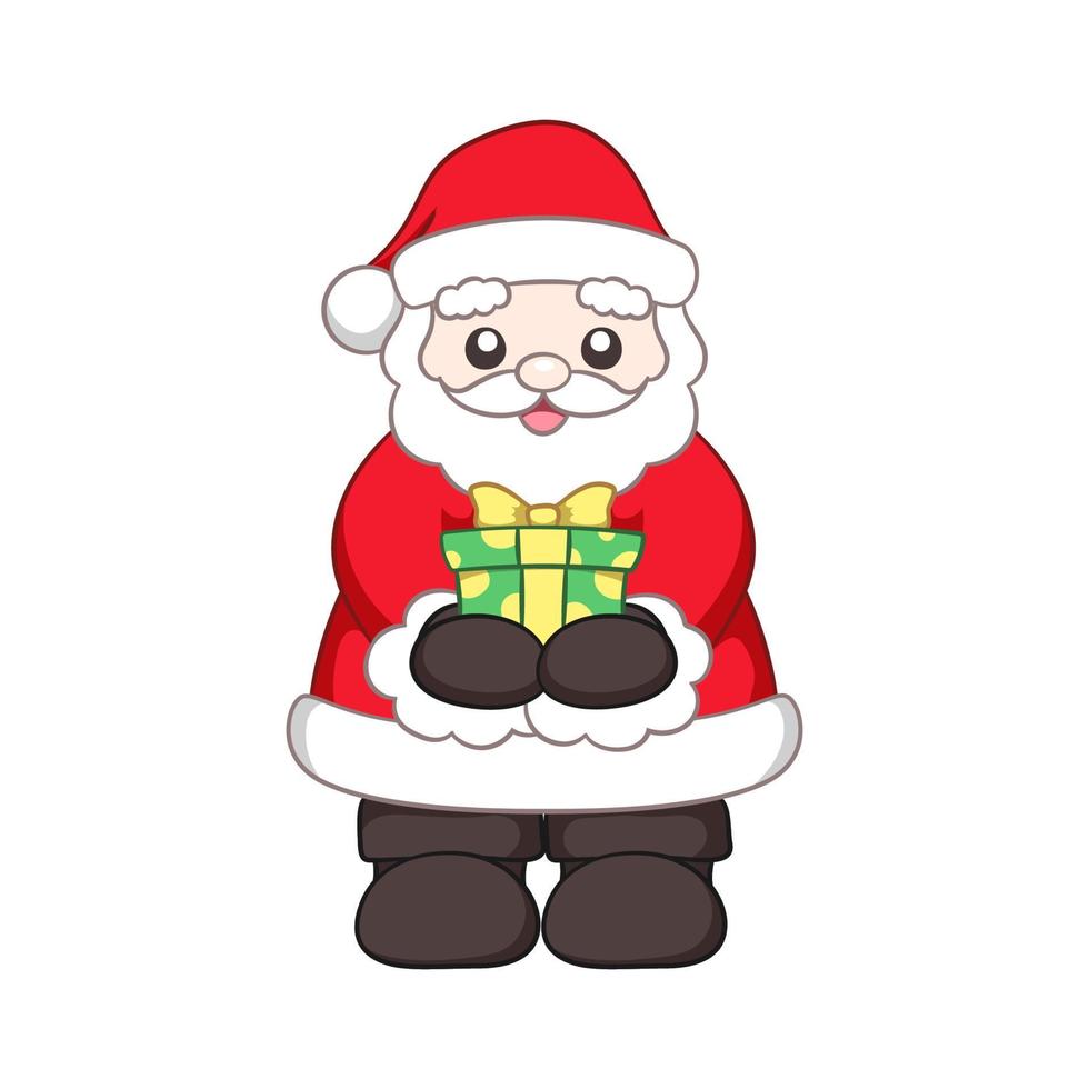gelukkig de kerstman claus Holding uit en geven een Kerstmis Cadeau tekenfilm vector