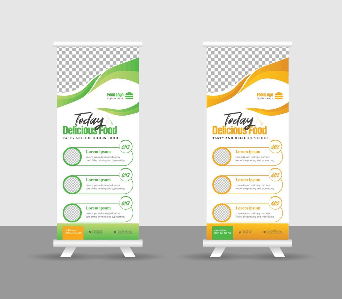 modern voedsel rollup bannerontwerp voor restaurant. verticaal, oprolsjabloon, ontwerpsjabloon voor oprollen van voedselbanner, bewerkbare sjabloonillustratie vector