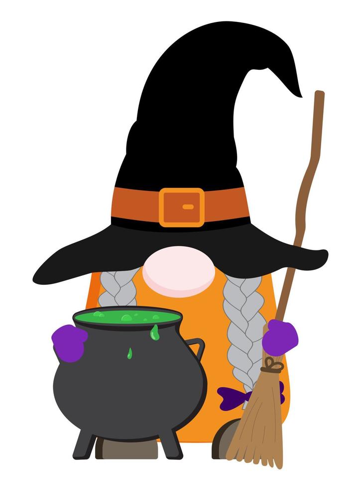 tekenfilm halloween gnoom heks illustratie met ketel en bezem. geïsoleerd Aan wit achtergrond. Super goed voor sublimatie ontwerp, afdrukken. vector