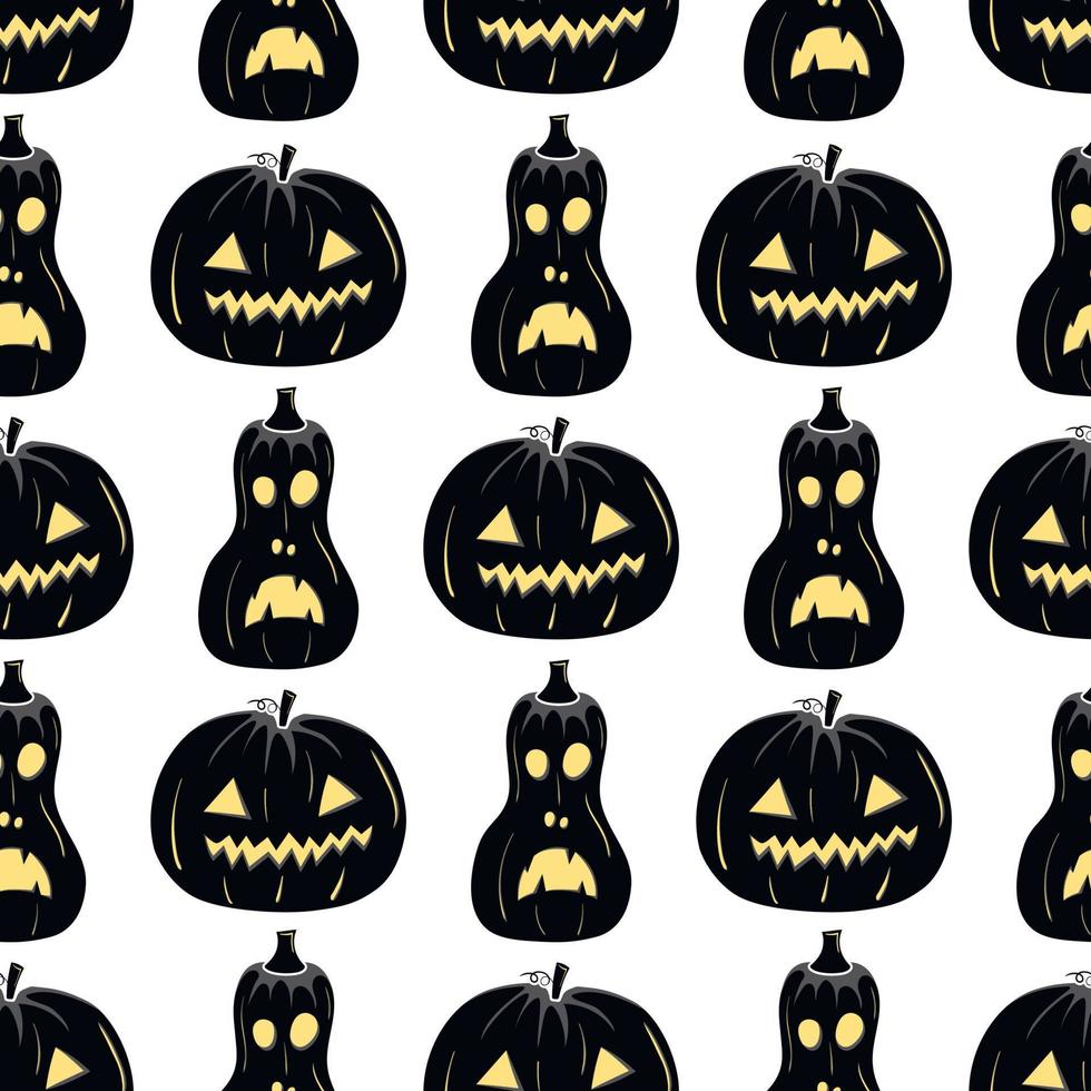 naadloos patroon met zwart silhouet van een pompoengezicht met gele gloeiende ogen voor halloween op een witte achtergrond vector
