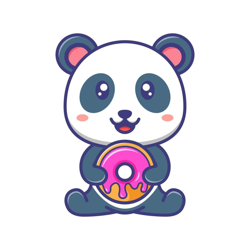 schattig baby panda zittend en Holding een donut tekenfilm illustratie vector