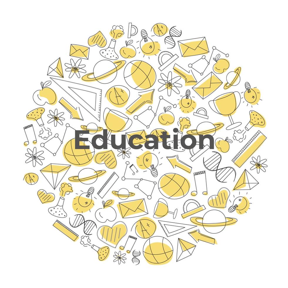 hand- getrokken tekening voor school- thema in cirkel kader met geel vlekken, educatief illustratie voor achtergrond of behang, afdrukken of textiel, pictogrammen voor kinderen vector