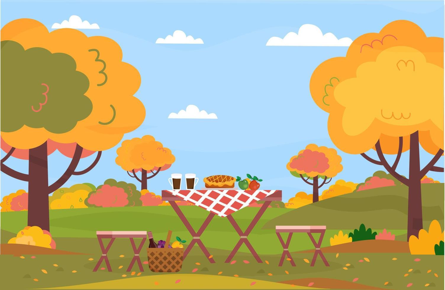 herfst picknick. rust uit in Woud, park, Aan Open lucht. picknick buiten. tafel, stoelen, picknick mand Aan de herfst landschap achtergrond. voedsel en drankje. zonnig herfst dag. vector illustratie.