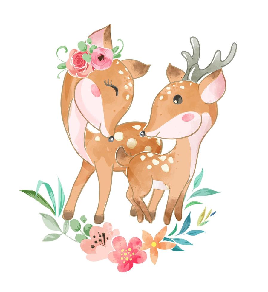 schattige hertenfamilie met bloemen vector