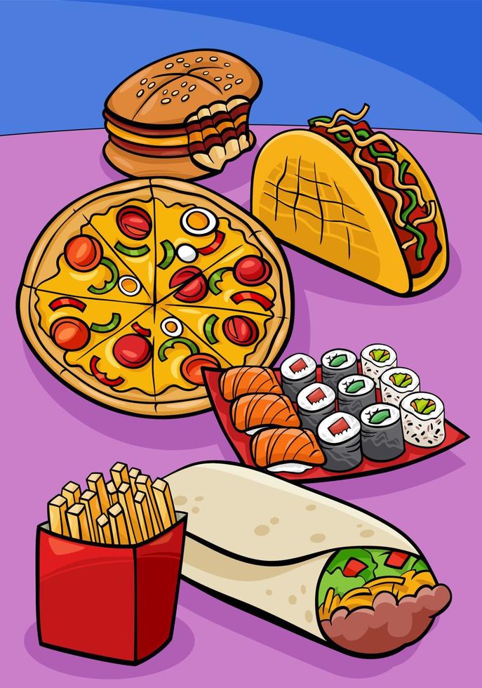 voedsel objecten en gerechten groep cartoon afbeelding vector