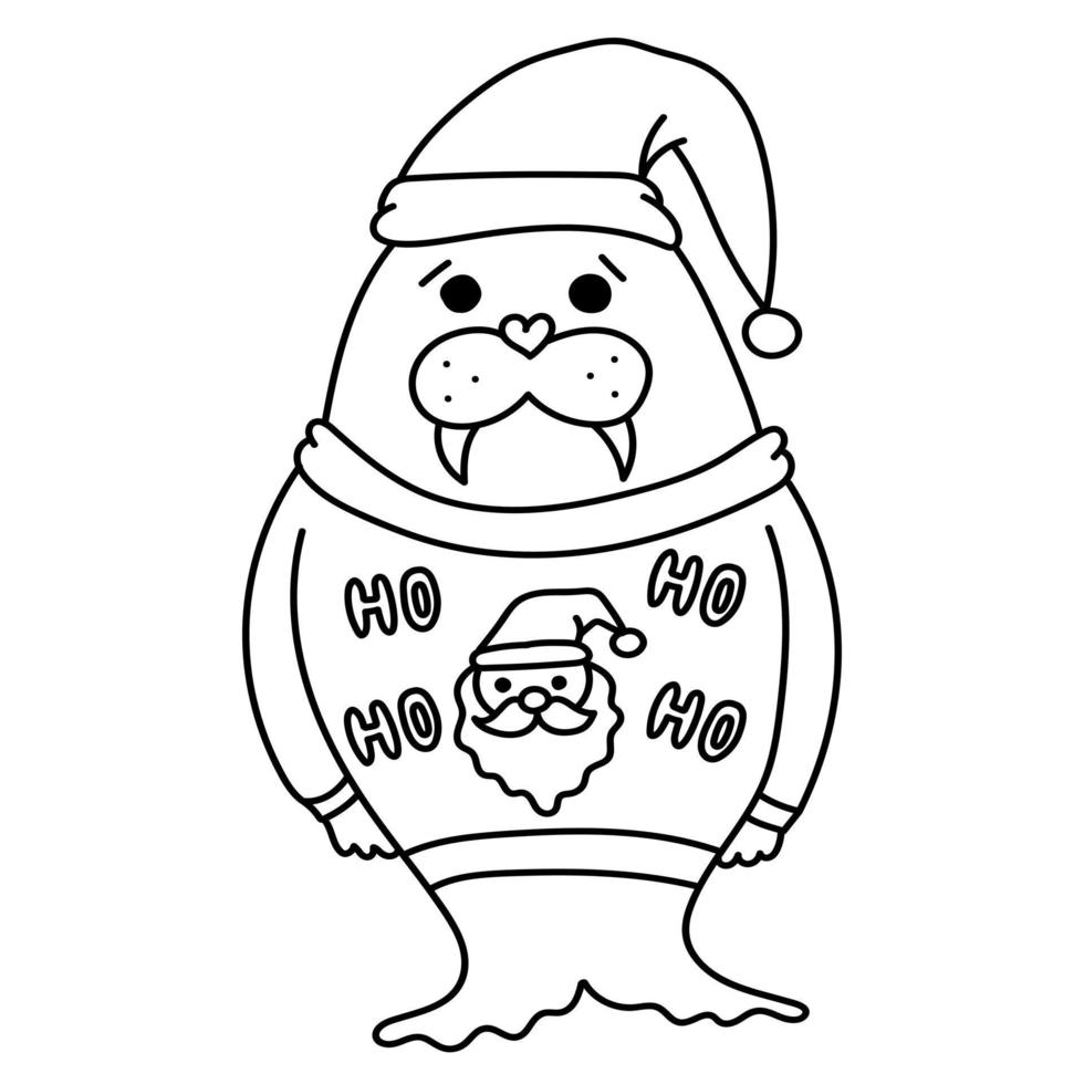 Kerstmis walrus in een schattig trui met de kerstman claus voor kaarten vector