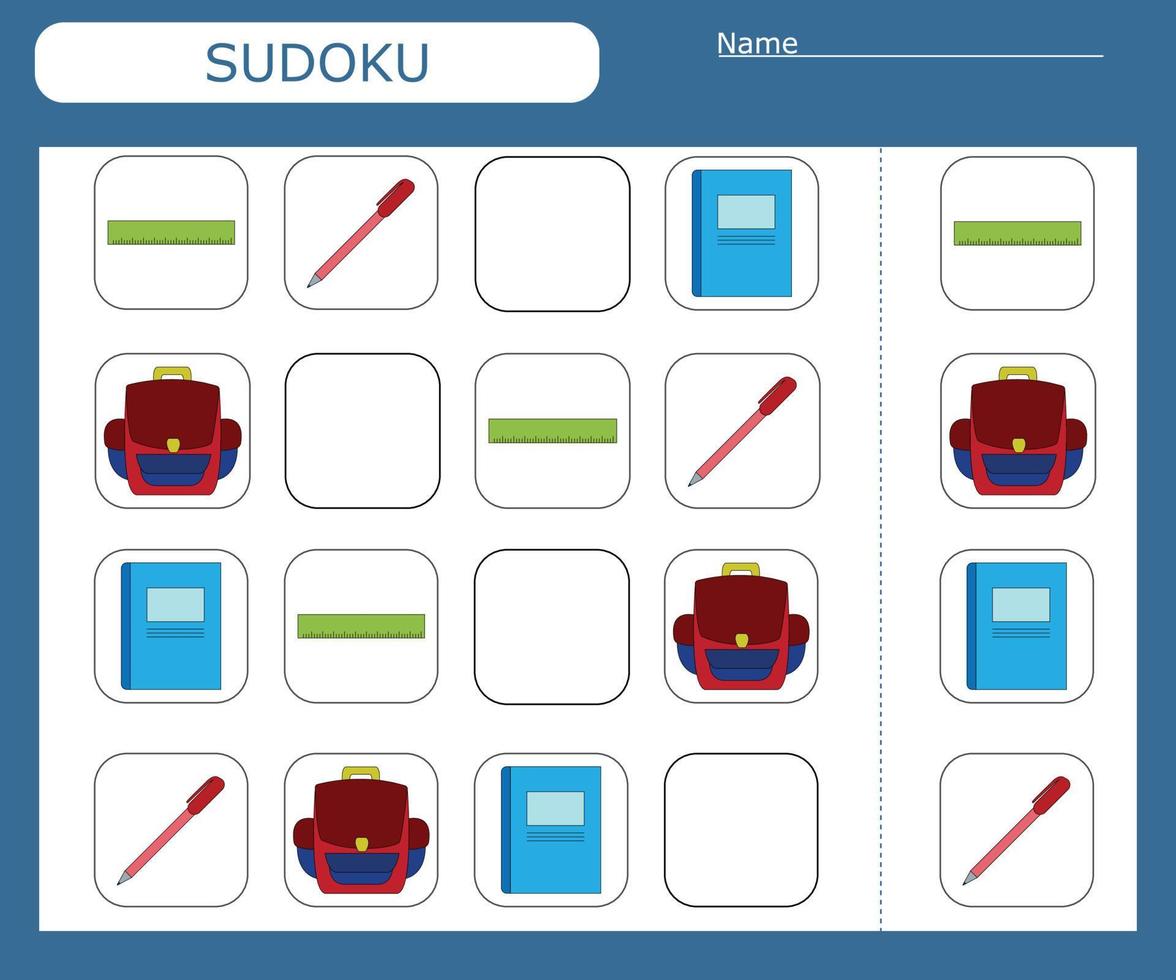 sudoku-spel voor kinderen met kleurrijke benodigdheden. activiteitenblad voor kinderen. vector