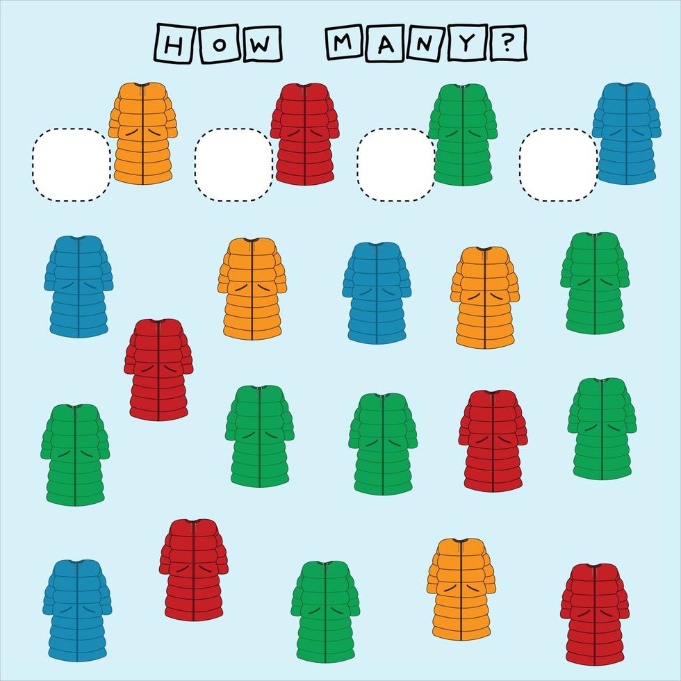 hoe veel tellen spel met kleurrijk jas. werkblad voor peuter- kinderen, kinderen werkzaamheid vel, afdrukbare werkblad vector