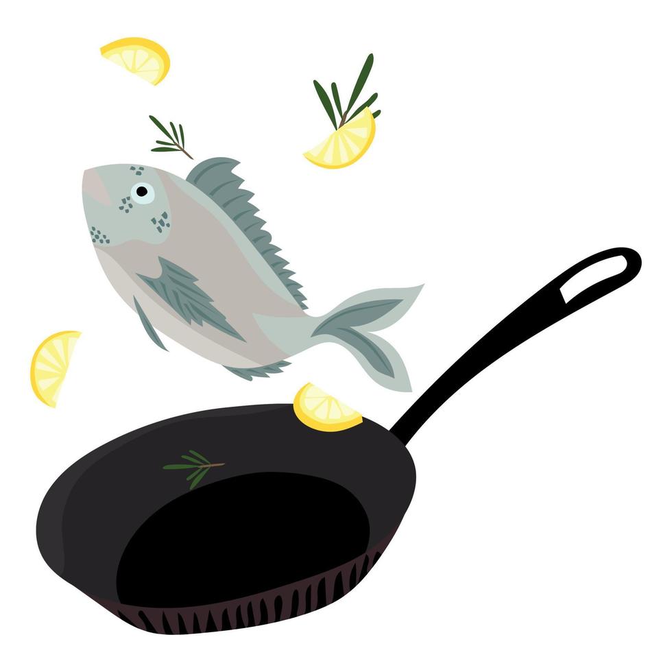 illustratie in de stijl van kartun Koken vis met citroen in een frituren pan vector